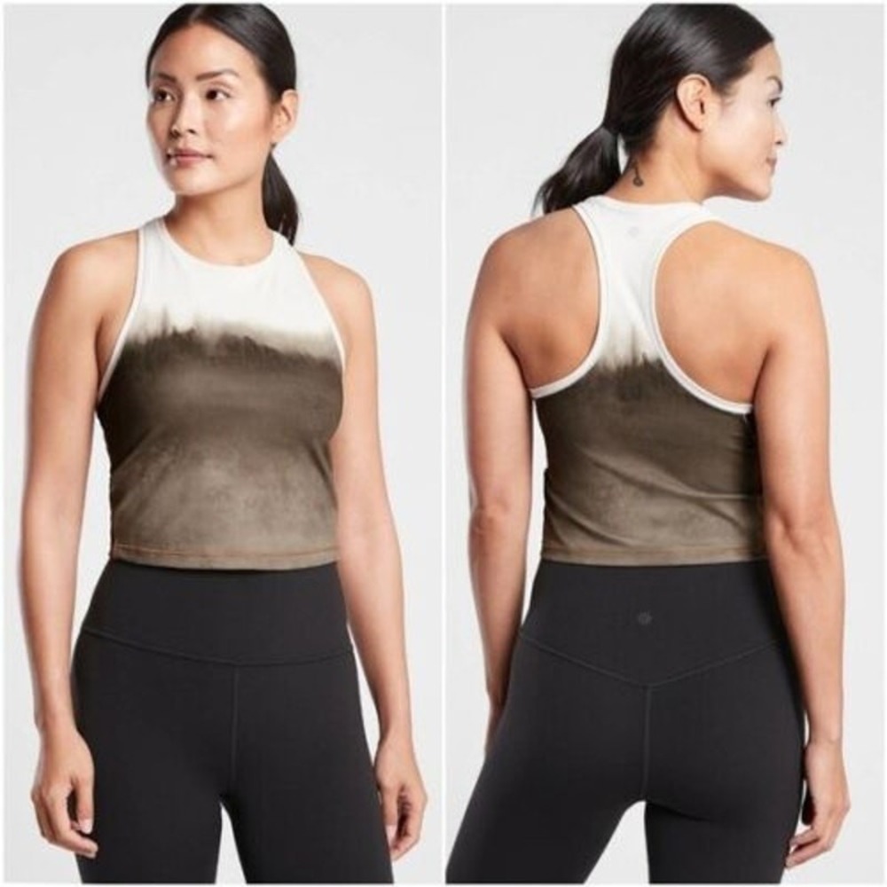 Athleta Shanti Mushroom Brown Watercolor Stripe Crop Racerback Tank Top Size M